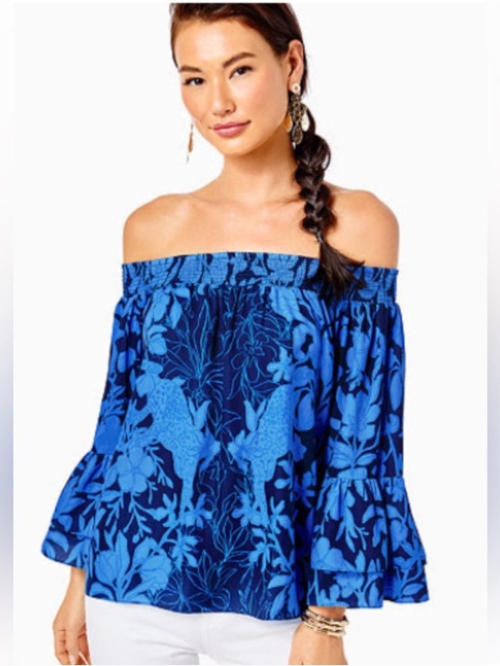 Lilly Pulitzer Blouse Top Womens XS Kaori Off Shoulder 3/4 Sleeve Floral Navy